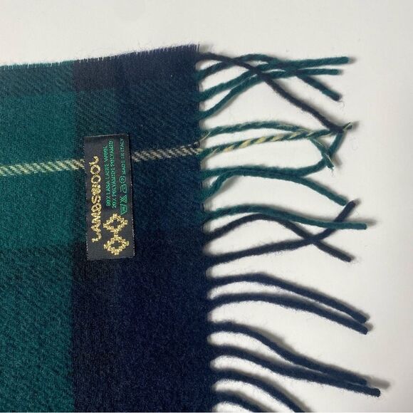 Vintage Blue & Green Plaid Lambswool Scarf With Fringe - Picture 6 of 11